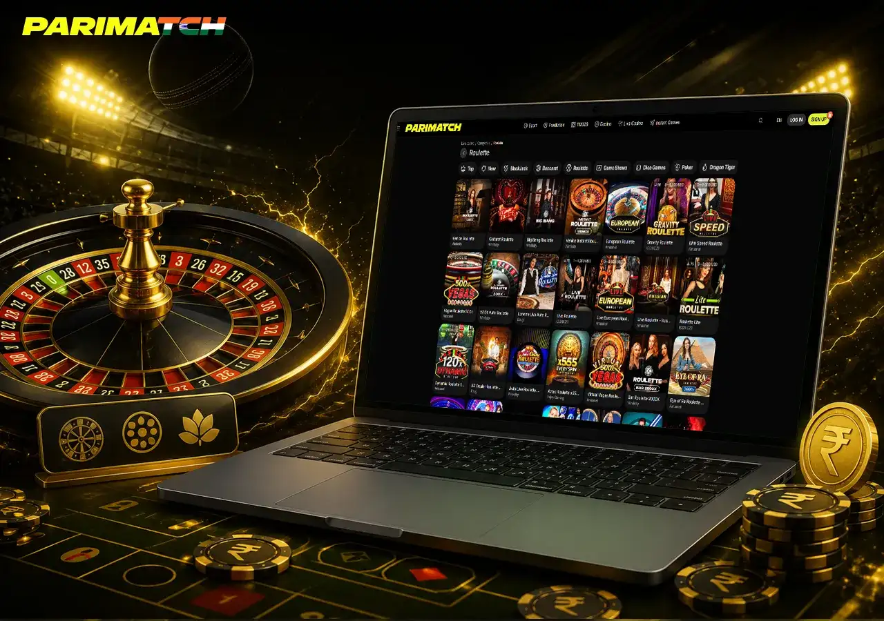 Roulette gameplay on laptop with wheel, chips, lightning and Indian casino accents