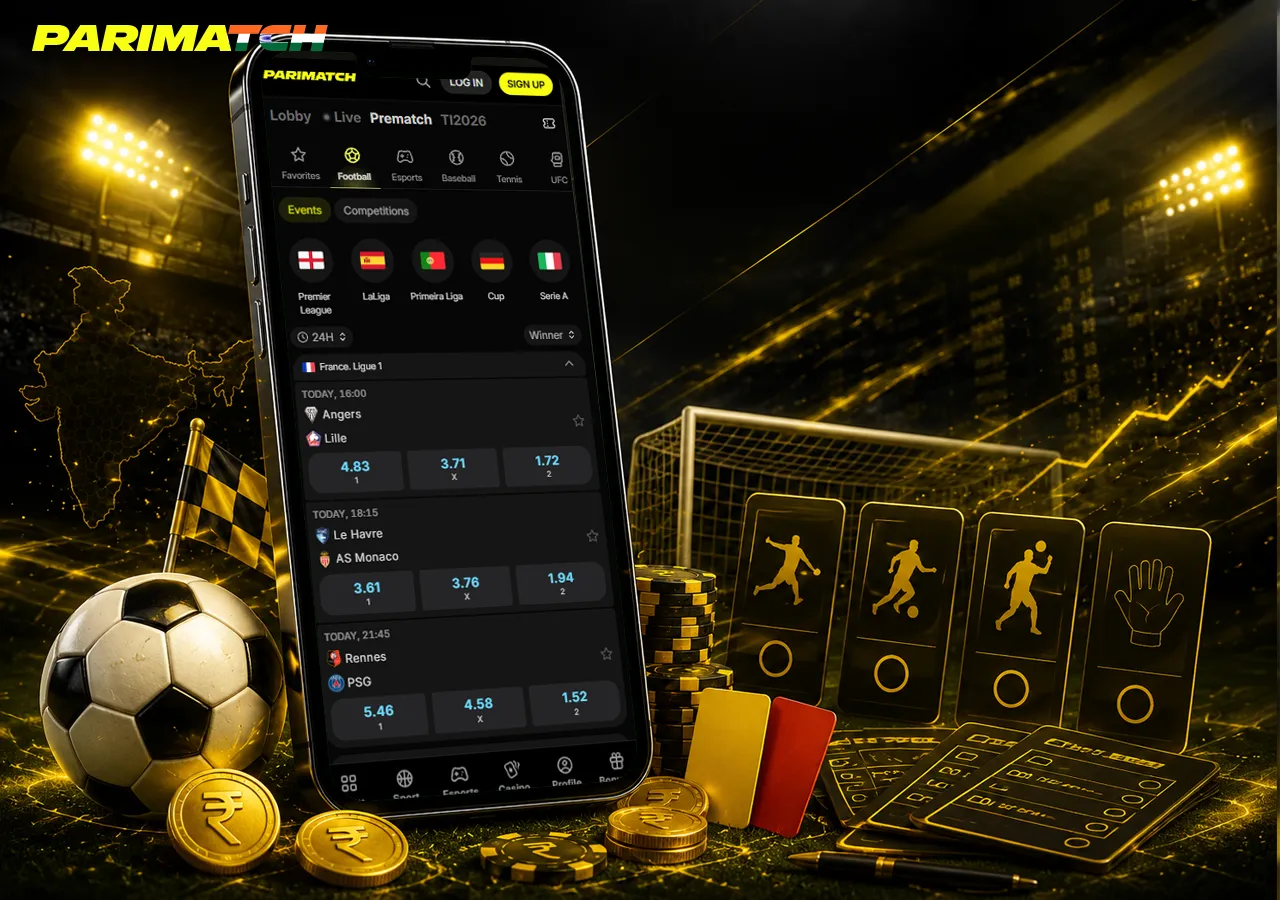 Football markets on mobile with ball, cards, corners and betting lines