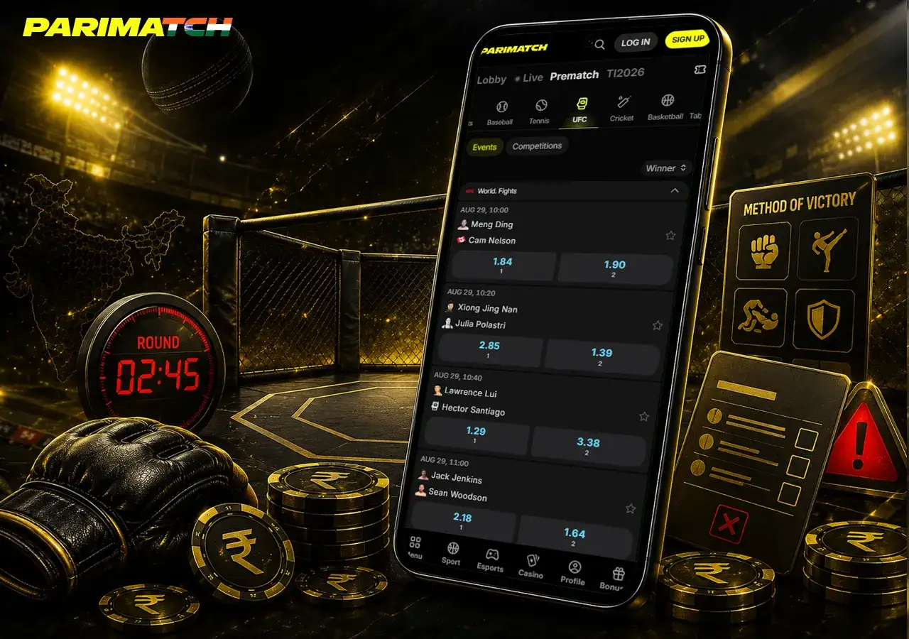 UFC betting interface with fight glove, round markers and outcome markets