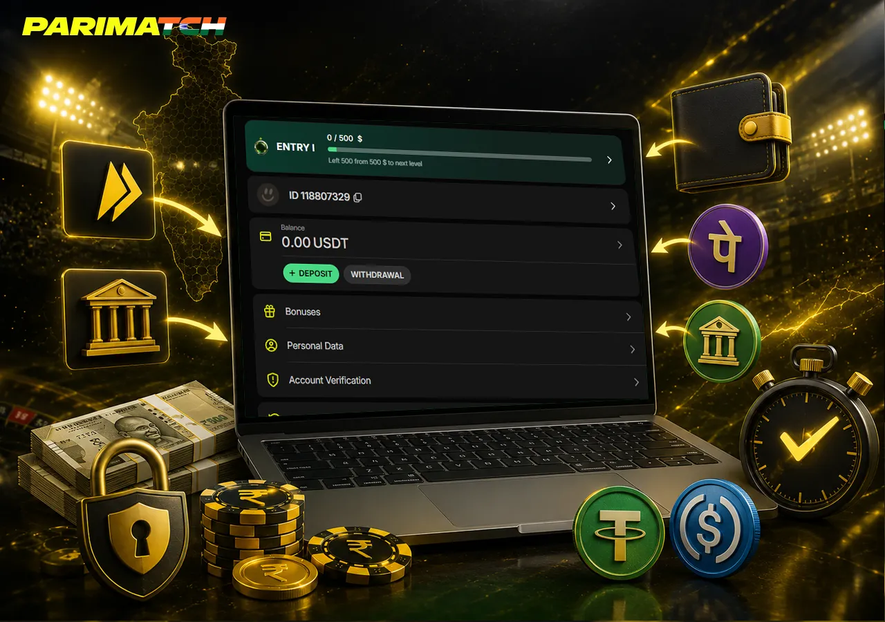 Payment methods on laptop with UPI, wallets, crypto and rupee transfers