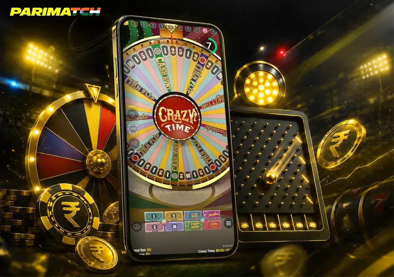 Crazy Time style game scene with bonus wheel, prize zones and studio lights